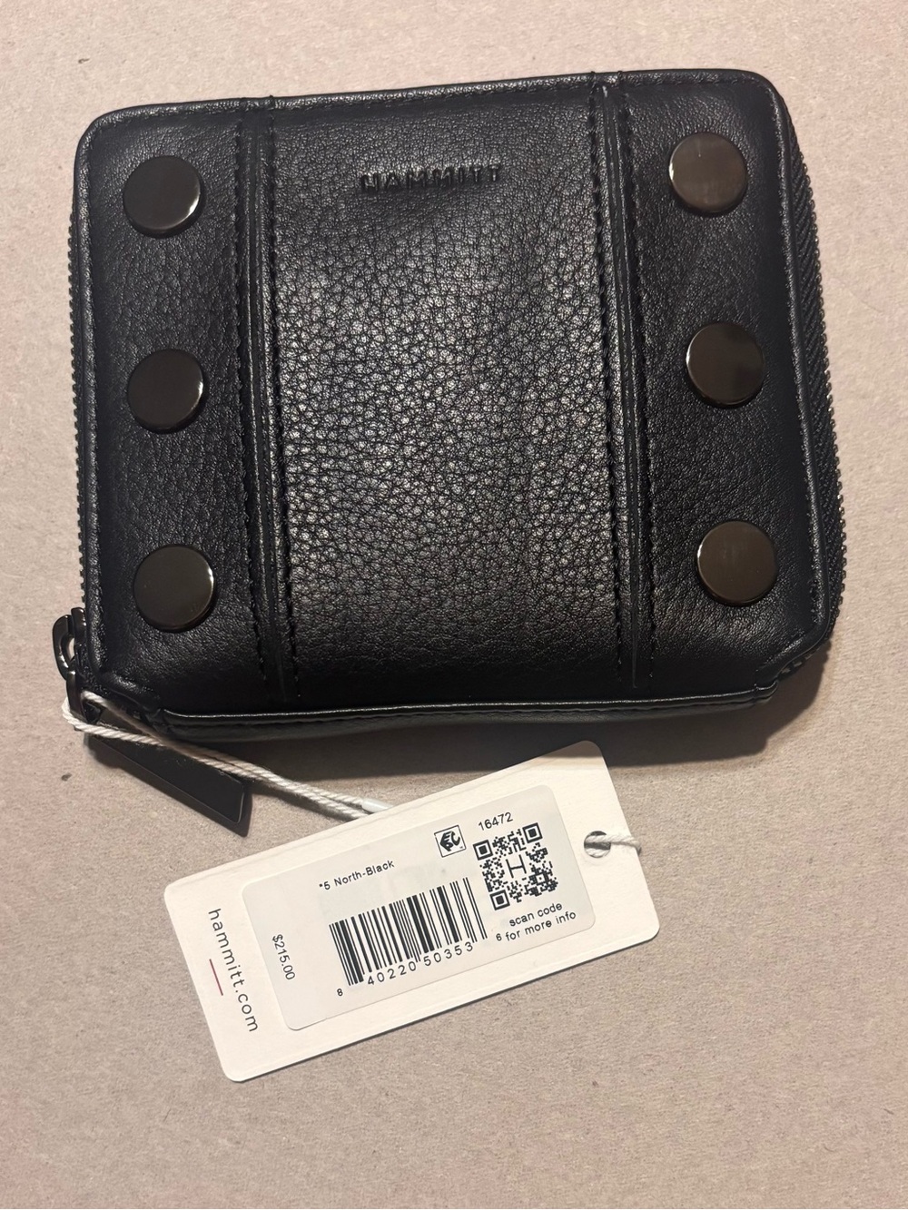Hammitt Black Pebbled Leather Zip Card Wallet with Gunmetal Accents
